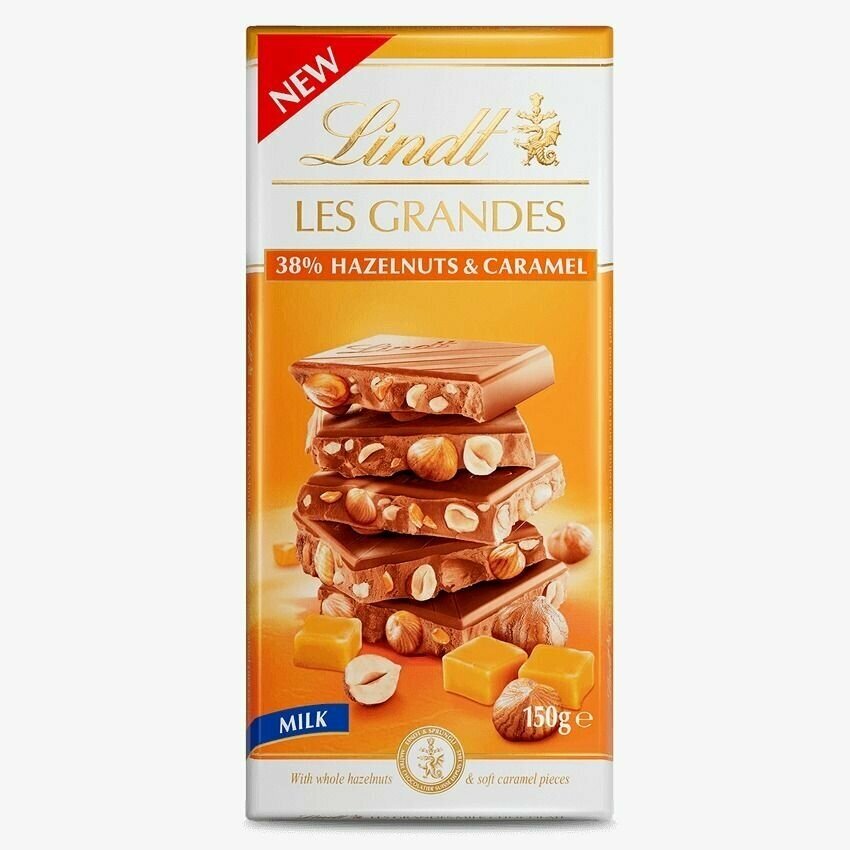 Молочный шоколад Lindt LES GRANDES Milk Hazelnut & Caramel 38% с лесным орехом и карамелью, 150 г (Из Финляндии)