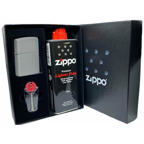 Подарочный набор ZIPPO ( Зажигалка ZIPPO 49452 Classic, серая, с покрытием Flat Grey + кремни + топливо, 125 мл )