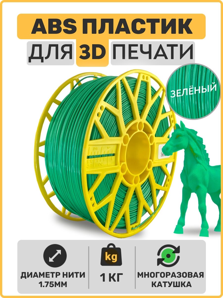 Пластик для 3D принтера ABS , Зеленый, 1,75мм, 1 кг.