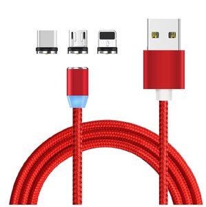 Кабель Магнитный зарядки 3-в-1 (microUSB + type-C + Lightning)для iPhone/Xiaomi/Samsung/1003 мм, Красный