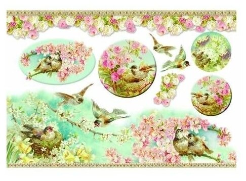 Декупажная карта - Птицы в весеннем саду, на рисовой бумаге, 50 х 70 см, 1 шт.