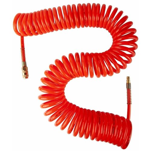 шланг спиральный 8х12мм колир 15м красный pu с быстросъемами AV Steel Шланг пневматический спиральный PU 8х12мм с быстросъемными фитингами 15м, шт