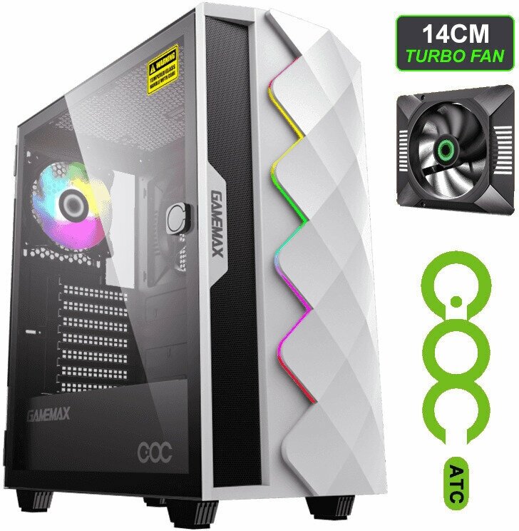 Компьютерный корпус GameMax Diamond COC White (ATX, USB3.0, Зак. стекло, 1*120+1*140мм MB turbo fan, без БП)