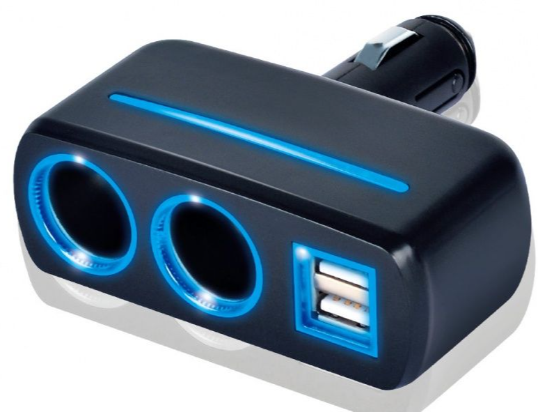 Разветвитель, 2 гнезда прикуривателя, 2 USB, со светодиодной подсветкой, цвет черный