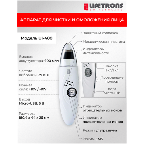 Lifetrons UI-400AS-WH1 Косметологический ультразвуковой очищающий прибор с технологией ионного лифтинга и ЭМС