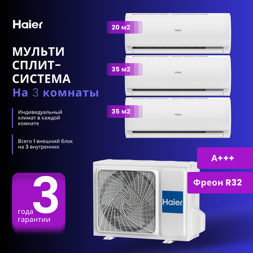 Новинка 2023 года мультисплит-система Haier LEADER Super Match 2 х AS12TS6HRA-M + AS07TS6HRA-M / 3U70S2SR5FA на 3 комнаты 35+35+20 м2