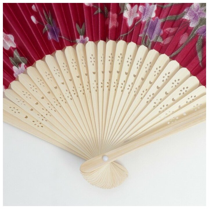 Веер бамбук, текстиль h=21 см "Цветы" с чехлом, бордовый - фотография № 4