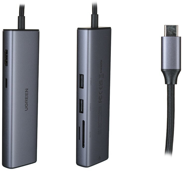 Хаб USB Ugreen CM512 USB Type-C - 2xUSB30+HDMI+RJ45+SD&TF+PD Grey 90568