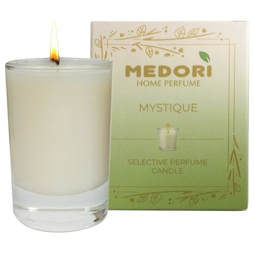 Свеча ароматическая для дома Medori MYSTIQUE парфюмированная, декоративная с запахом в стеклянном стакане, из соевого воска для украшения интерьера