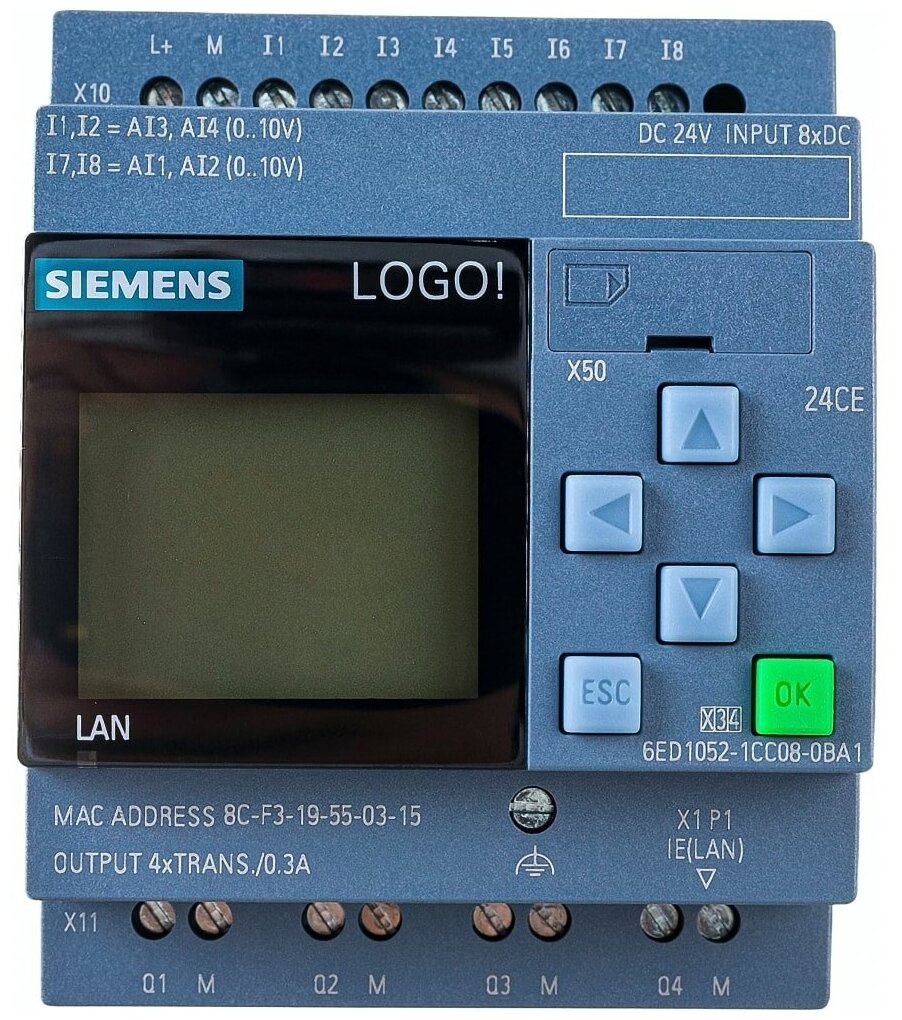 SIEMENS LOGO! 24CE логический модуль с дисплеем В24 В транз-ные 8 DI 4AI 4 DQ 6ED1052-1CC08-0BA1