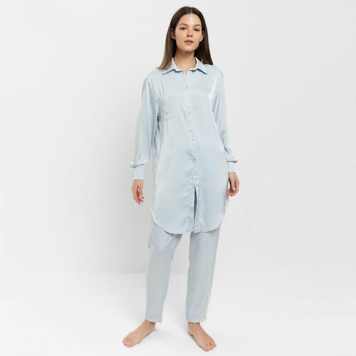 фото Комплект minaku, брюки, сорочка, длинный рукав, карманы, размер 46, голубой