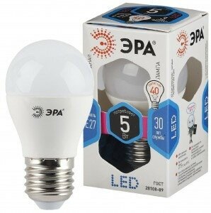 Светодиодная LED лампа ЭРА стандарт шар P45 E27 5W(400lm) 4000K 4K 83x45 P45-5w-840-E27 4762 (упаковка 10 штук)