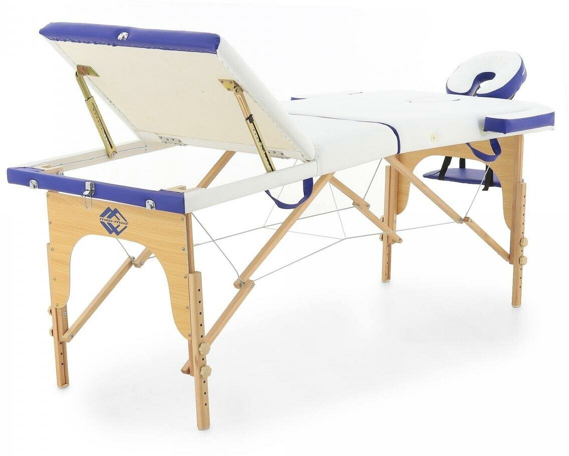 фото Массажный стол переносной MedMos JF-AY01 3-х секционный на деревянной раме, белый/синий