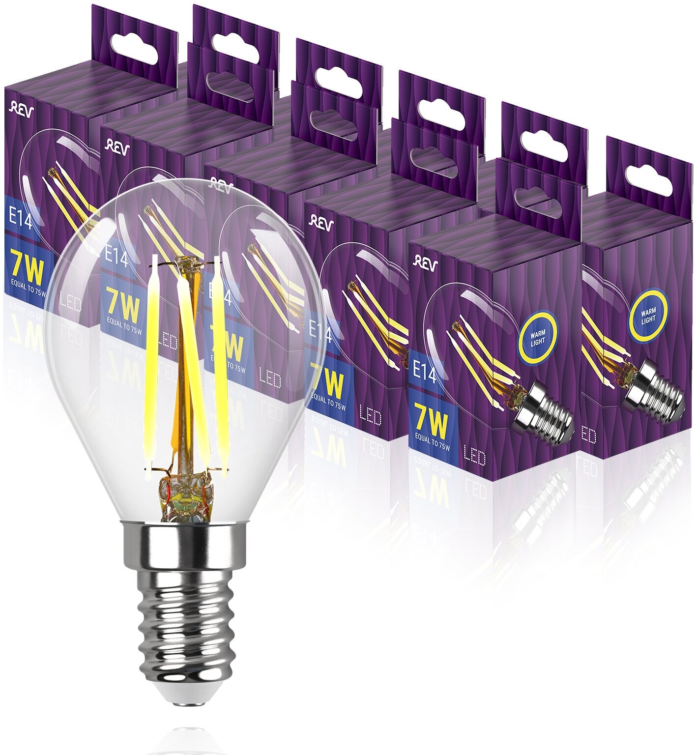 Упаковка светодиодных филаментных ламп 10 шт REV 32482 9, 2700К, E14, FG45, 7Вт