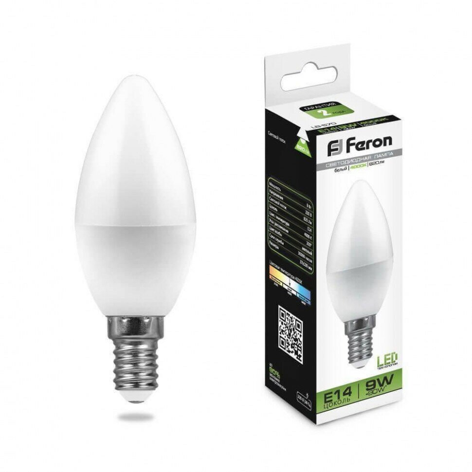 Лампа светодиодная Feron LB-570 25799, E14, C37, 9 Вт, 4000 К - фотография № 1