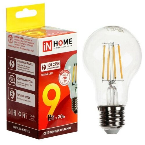 Лампа светодиодная ТероПром 9527837 IN HOME LED-A60-deco, 9 Вт, 230 В, Е27, 3000 К, 1040 Лм, прозрачная