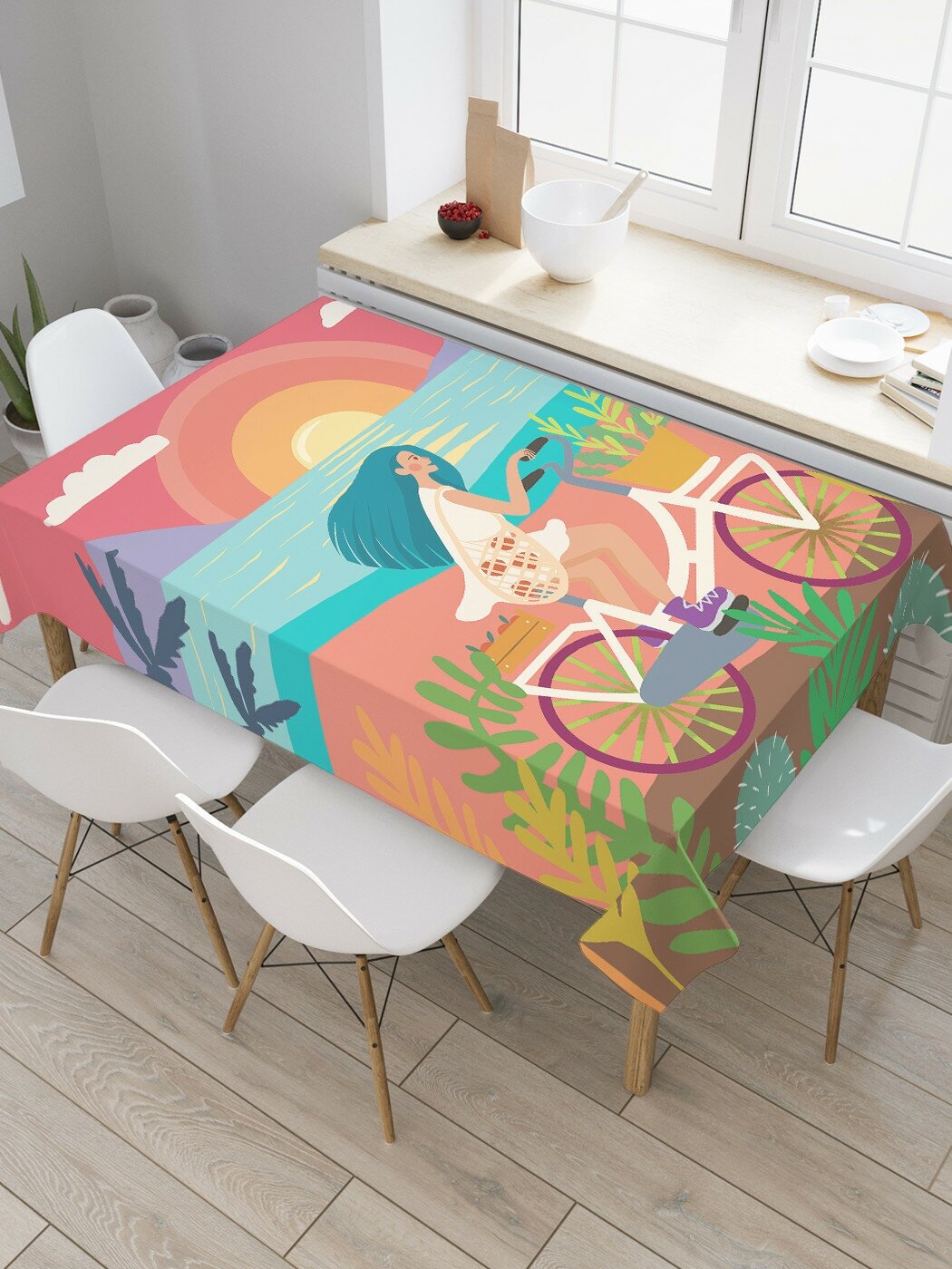Прямоугольная тканевая скатерть на стол JoyArty с рисунком "Девушка на отдыхе" 120 на 145 см