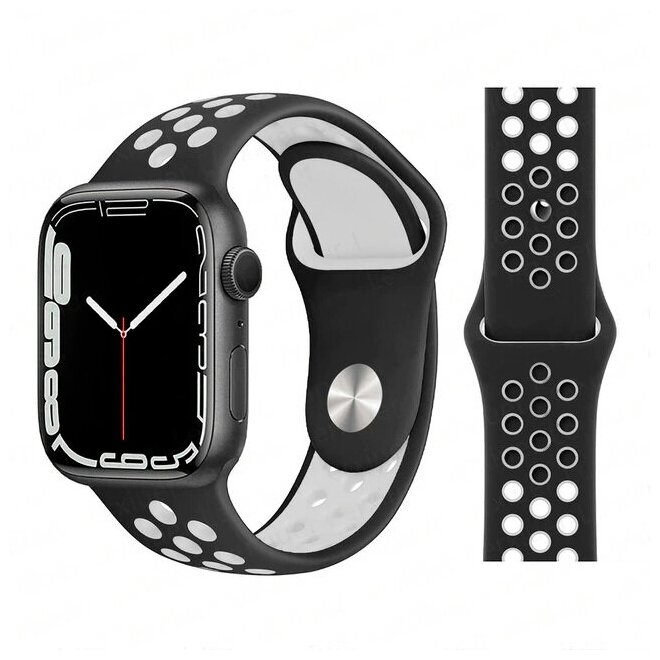 Ремешок силиконовый перфорированный Sport NK для Apple Watch 42/44/45/49 мм, на кнопке, черный+белый (12)