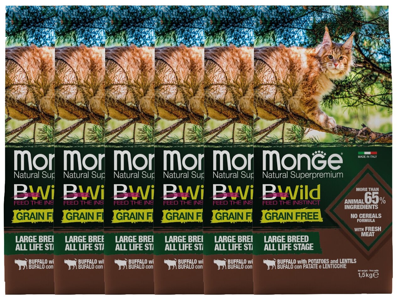 Сухой корм для кошек Monge BWILD Feed the Instinct для крупных пород, беззерновой, с буйволом, с картофелем, с чечевицей 6 шт. х 1.5 кг