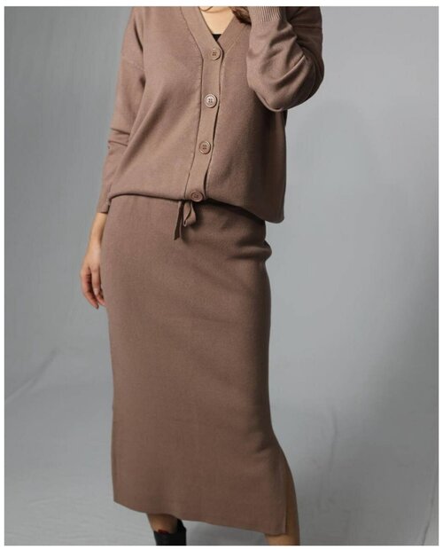 Костюм, джемпер и юбка, оверсайз, размер 42-48, коричневый