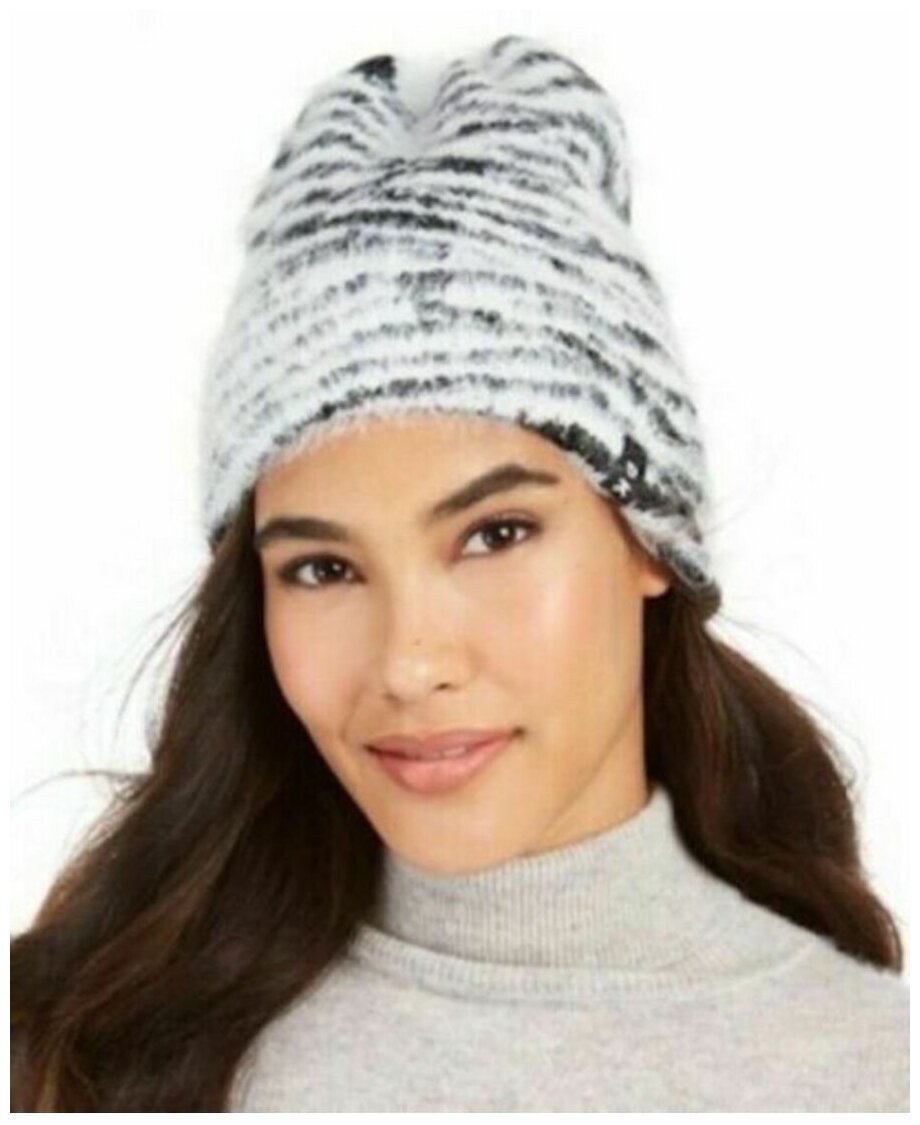 Шапка DKNY черно-белая принт зебра Fuzzy Animal Print Beanie Knit Hat Leopard White 