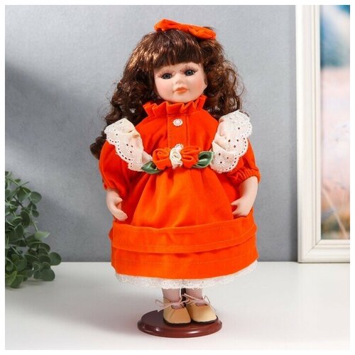 кукла коллекционная керамика агата в ярко оранжевом платье и банте с рюшами 30 см 1 шт Кукла коллекционная керамика Агата в ярко-оранжевом платье и банте, с рюшами 30 см