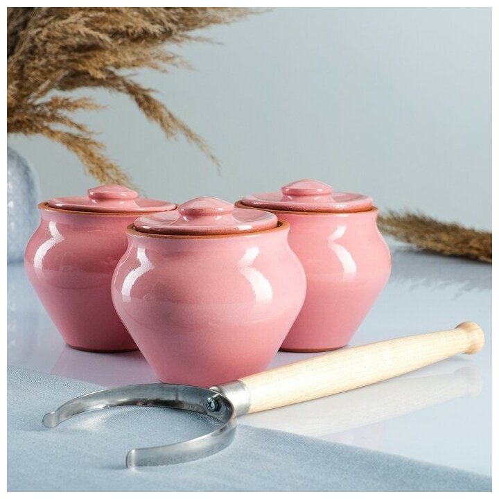 фото Вятская керамика Набор "Вятская керамика Трио" 0,5лх3шт + ухват, розовый