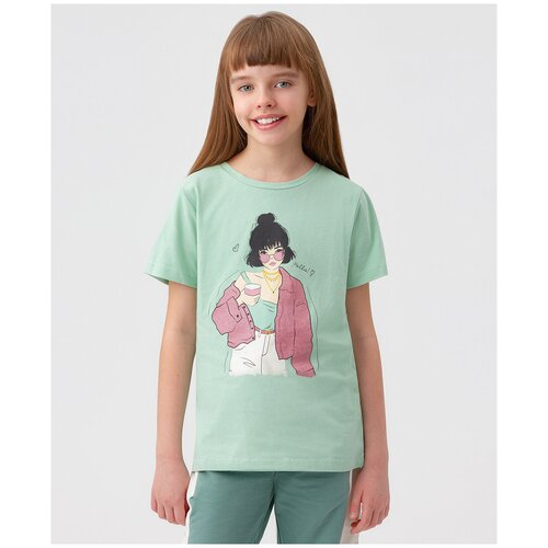 фото Футболка зеленая button blue, для девочек, размер 140, мод 123bbgjc12074800