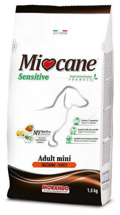 Miocane Adult Mini Sensitive сухой корм для взрослых собак мелких пород с индейкой - 15 кг