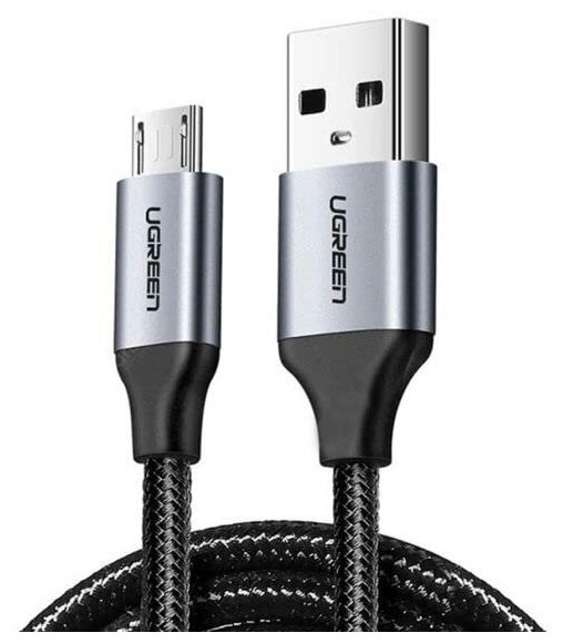 Кабель UGREEN US290 (60146) USB-A 2.0 to Micro-USB Cable Nickel Plating Alu Braid (1 метр) чёрный/серый
