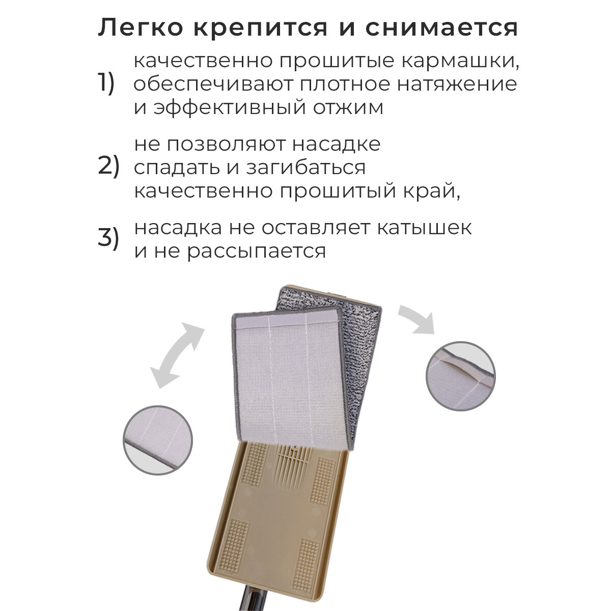 Сменные насадки тряпка на швабру с отжимом из микрофибры моп набор 32 на 12 см комплект из 3 штук с 1 кармашком — фото 1