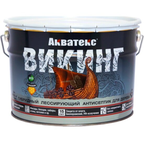 фото Антисептик для дерева Акватекс Викинг, лессирующий, полуматовый, 9 л, тик