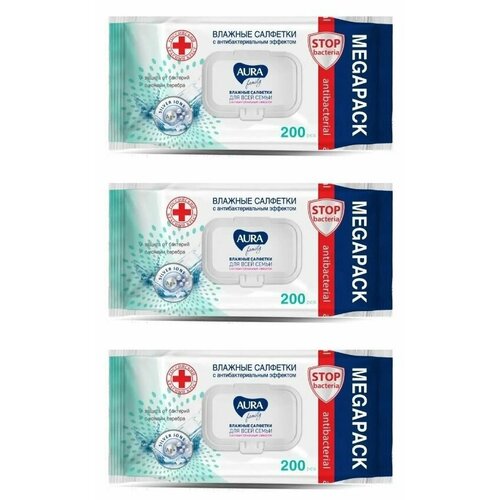 Aura Влажные салфетки для всей семьи Family, с крышкой big-pack, 200 шт/уп, 3 уп aura derma protect влажные салфетки для всей семьи с антибактериальным эффектом лимон 15 штук набор из 10 упаковок