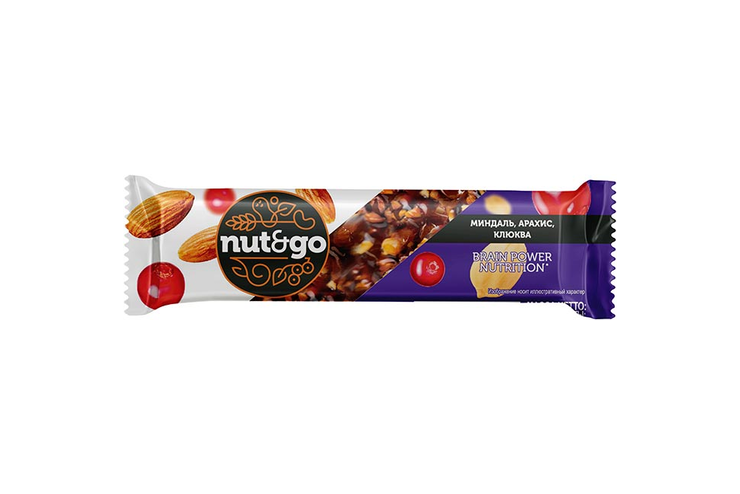 «Nut&Go», батончик Миндаль, арахис, клюква, 50 г (упаковка 18 шт.)
