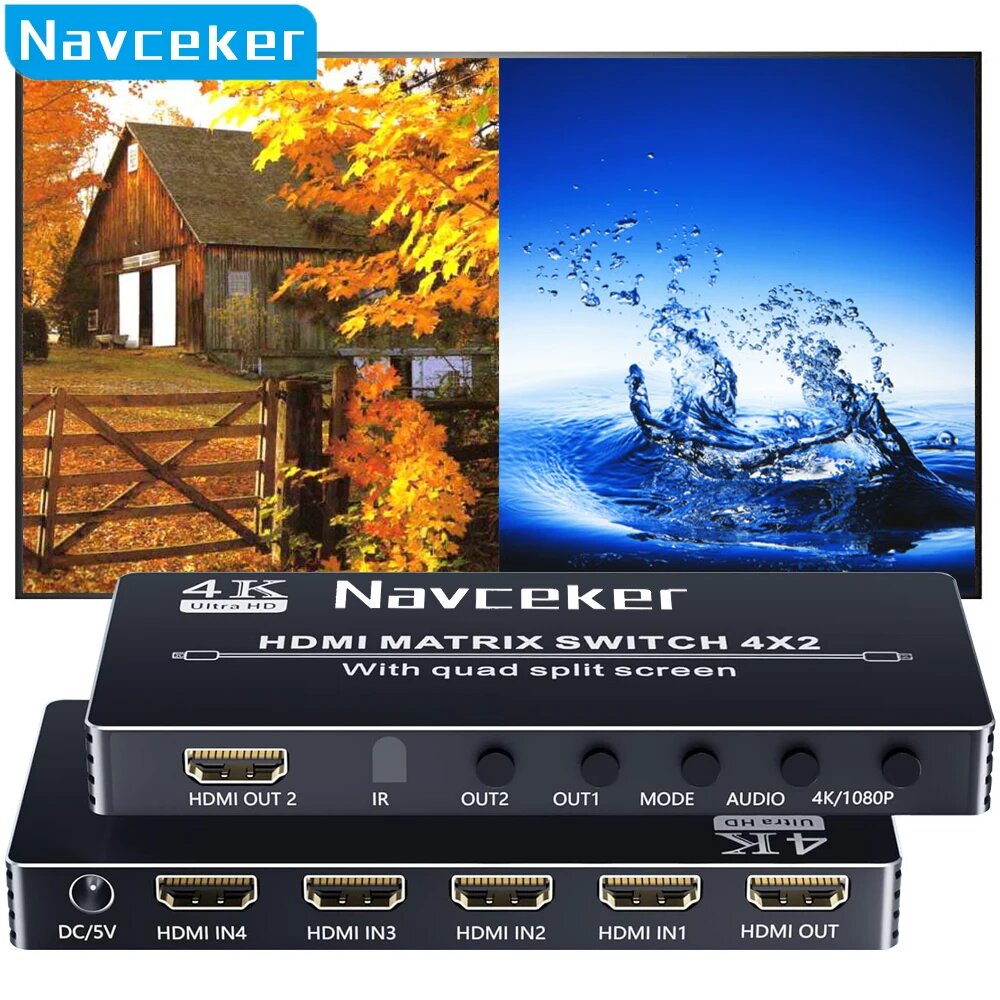 Переключатель Navceker HDMI 4x2, 4K бесшовный четырехэкранный разветвитель, 4 в 2 выхода, HDMI переключатель, ИК для ПК, EU Power Plug