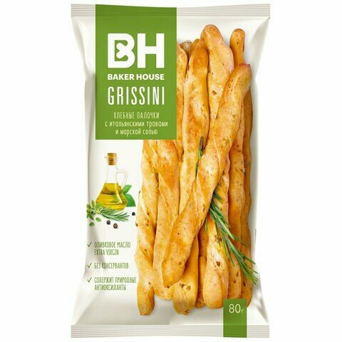 Хлебные палочки BAKER HOUSE "Grissini" с итальянскими травами и морской солью, 80 г, 25405