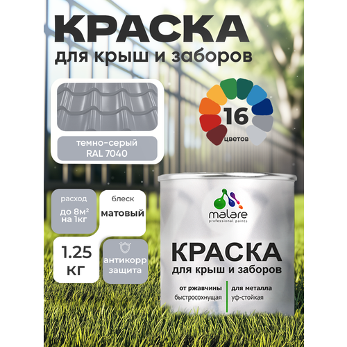 фото Краска malare для металлического забора, для крыши из металла, для металлочерепицы, антикоррозионная, матовый, темно-серый, 1,25 кг.
