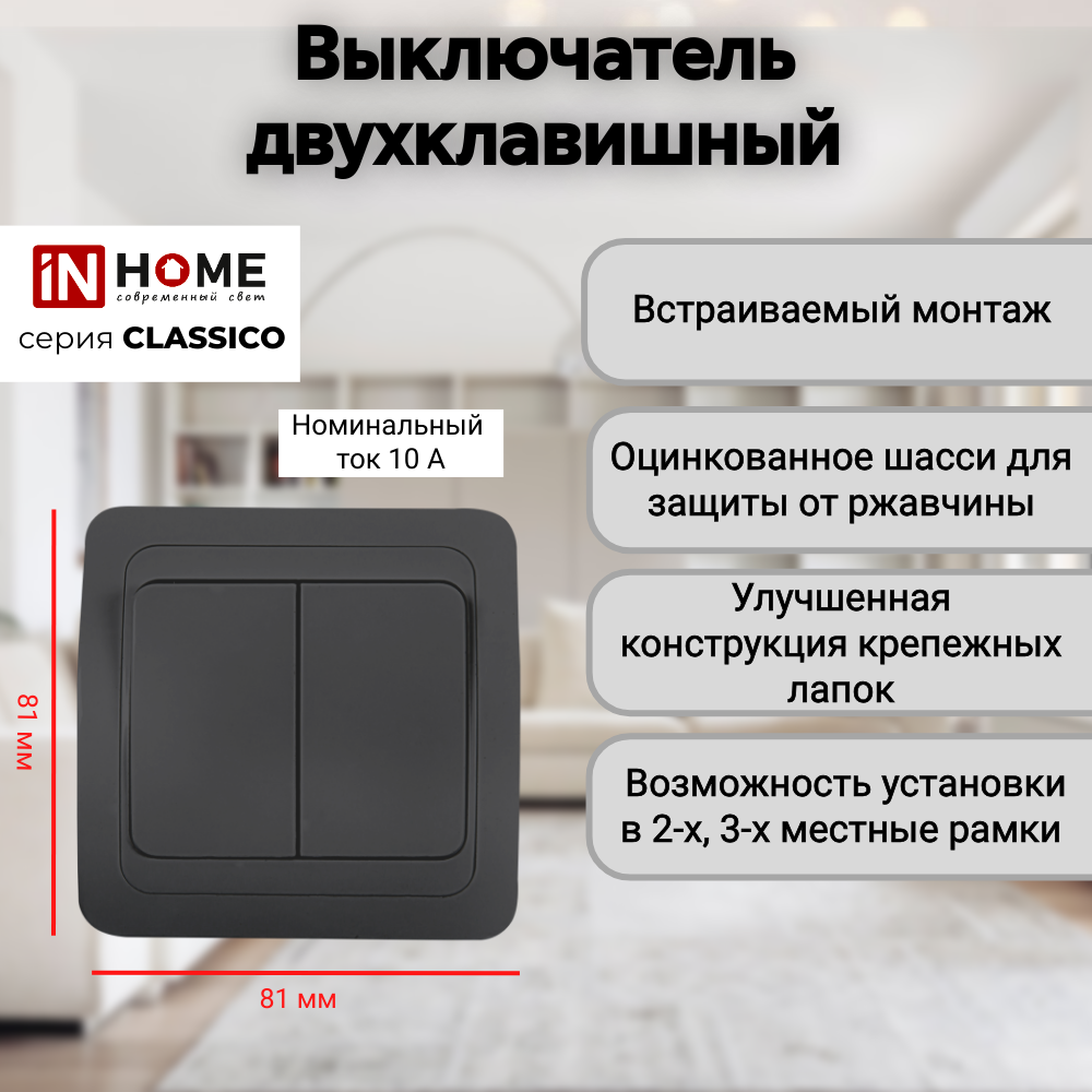 Выключатель двухклавишный CLASSICO черный 2023B IN HOME