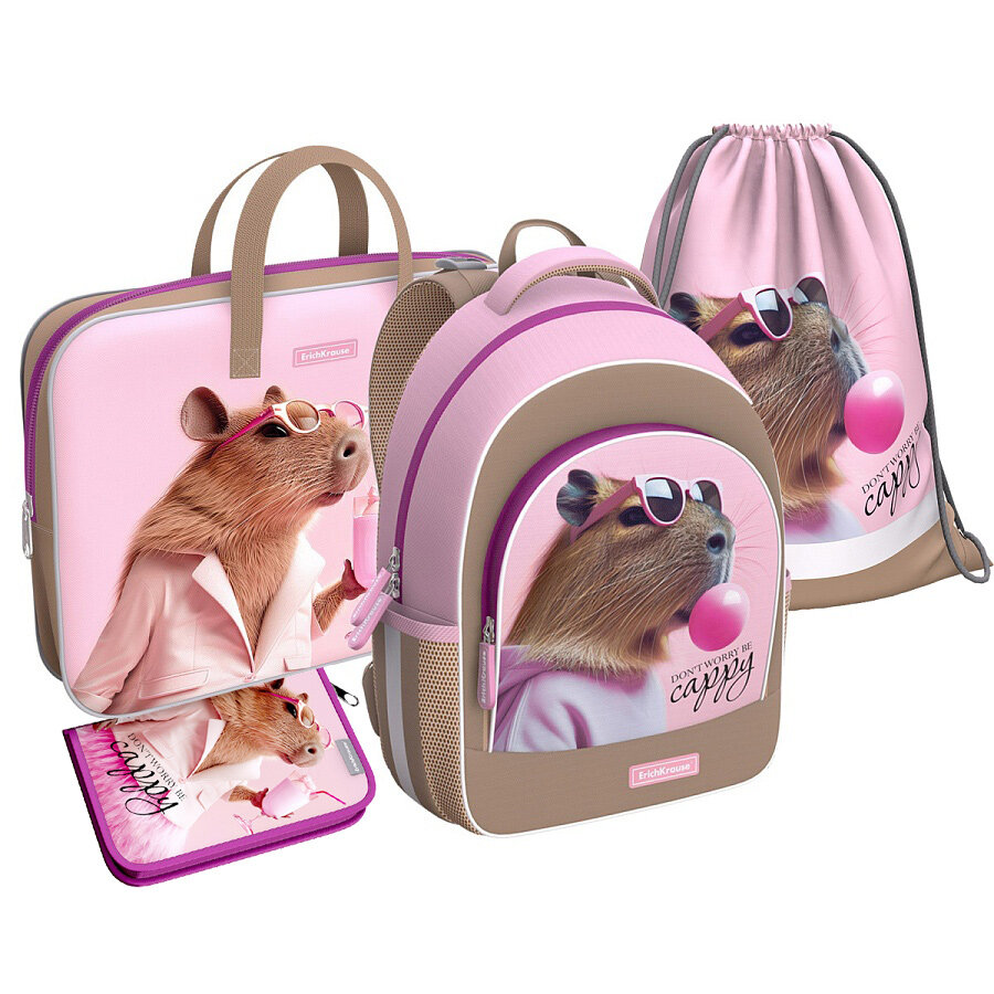Рюкзак с грудной перемычкой ErichKrause ErgoLine® 15L CapyBarbara + пенал-книжка (63838) + мешок для обуви (62831) + папка А4 (№2)