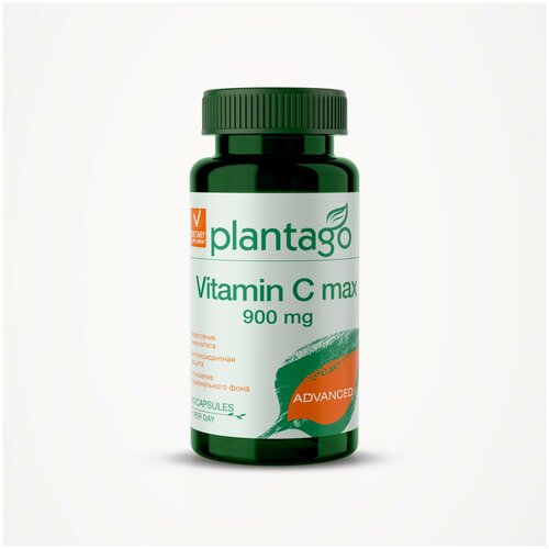 БАД Plantago "Vitamin C Max 900 mg" - витамины для укрепления иммунитета и сосудов, 60 капсул