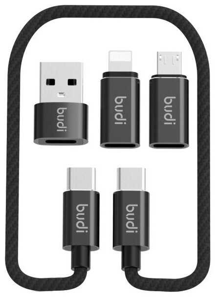 Кабель 6 в 1 USB-C - USB-C со сменными адаптерами Lightning, Micro USB, USB-A, 0,6 м, 2.4А