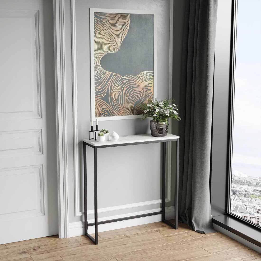 Консольный столик LOKKI loft, светло-серый, приставной, туалетный столик, металлический, деревянный, 85x80x25 см, Гростат - фотография № 5