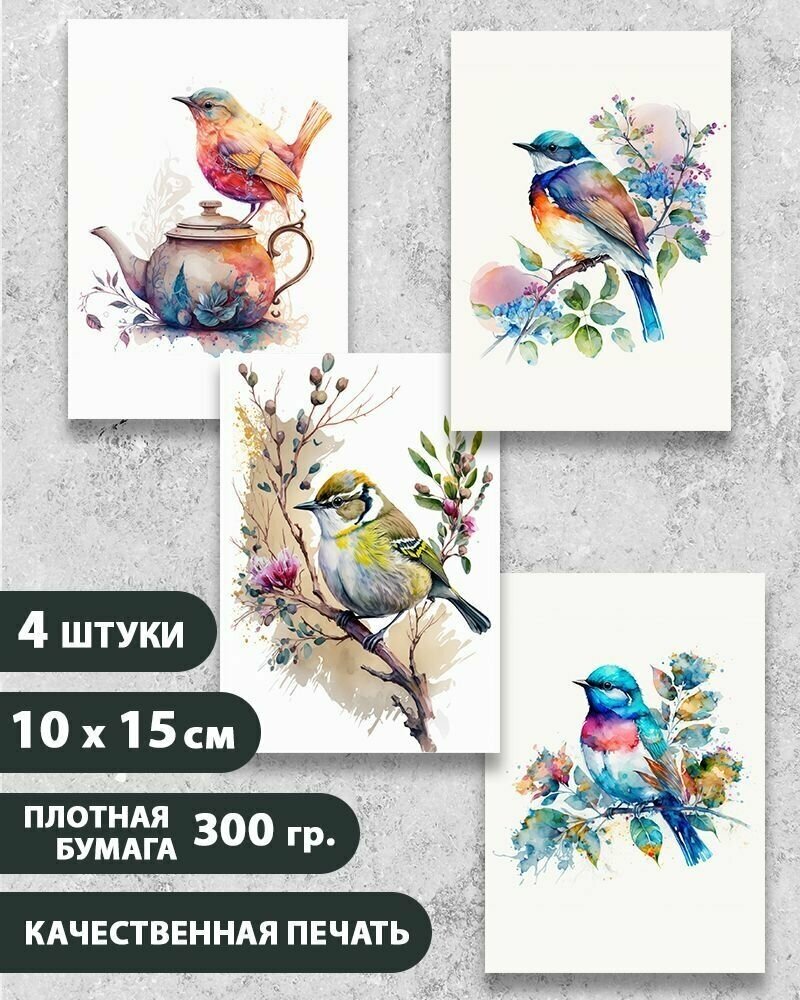 Набор открыток Акварельные Птицы 2, 10.5 см х 15 см, 4 шт, InspirationTime, на подарок и в коллекцию