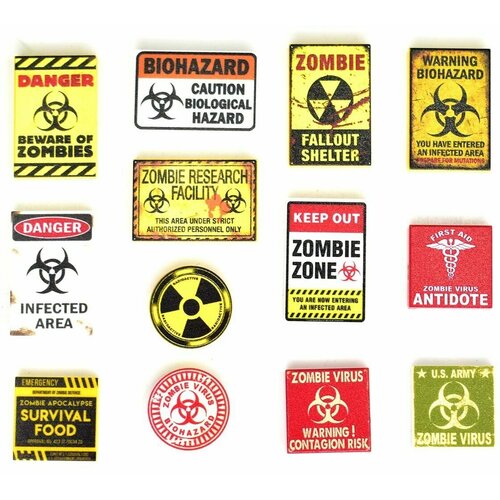 Аксессуары для лего G BRICK DESIGN, Таблички для лего города зомби пак 1 (zombie zone, biohazard, danger и т. д.) набор деталей 13 шт.