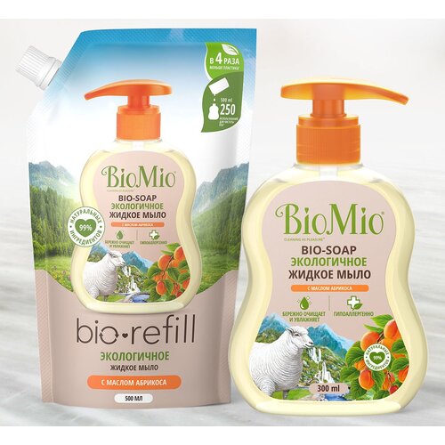 комплект 4 штук мыло жидкое biomio bio soap с маслом абрикоса 300мл дозатор BioMio Набор жидкого мыла с маслом абрикоса Bio Soap + Bio Soap Refill, 800 мл