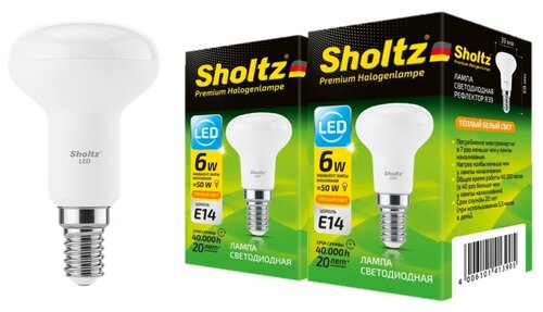 Комплект из 2 светодиодных энергосберегающих ламп Sholtz рефлектор R39 6Вт E14 3000К 220В пластик (Шольц) LER4139D