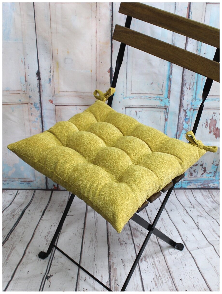 Подушка декоративная на стул MATEX LORETA горчичный с завязками, чехол не съемный, ткань велюр, 42х42 см