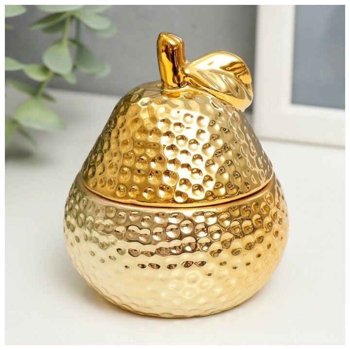 Шкатулка керамика "Золотая груша с листиком" 9х7х7 см