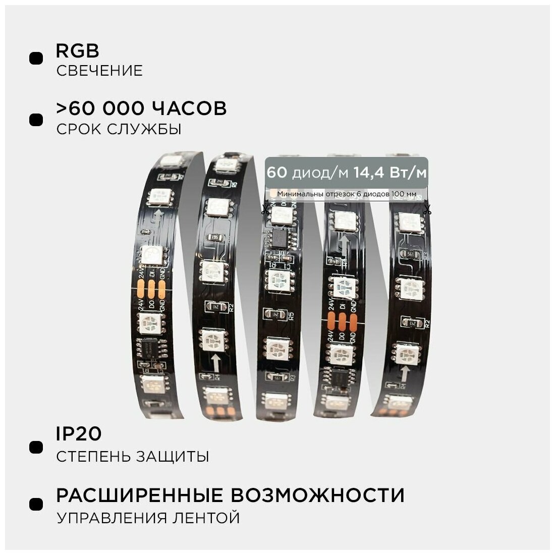 10-92 Комплект адресной светодиодной ленты 24В, 14,4Вт/м, smd5050, 60д/м, IP20, 2м, RGB. - фотография № 2