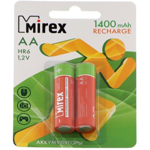 Аккумулятор Mirex, Ni-Mh, AA, HR6-2BL, 1.2В, 1400 мАч, блистер, 2 шт. аккумулятор aa relato ready to use hr6 aa2300 r2u ni mh 2300 mah